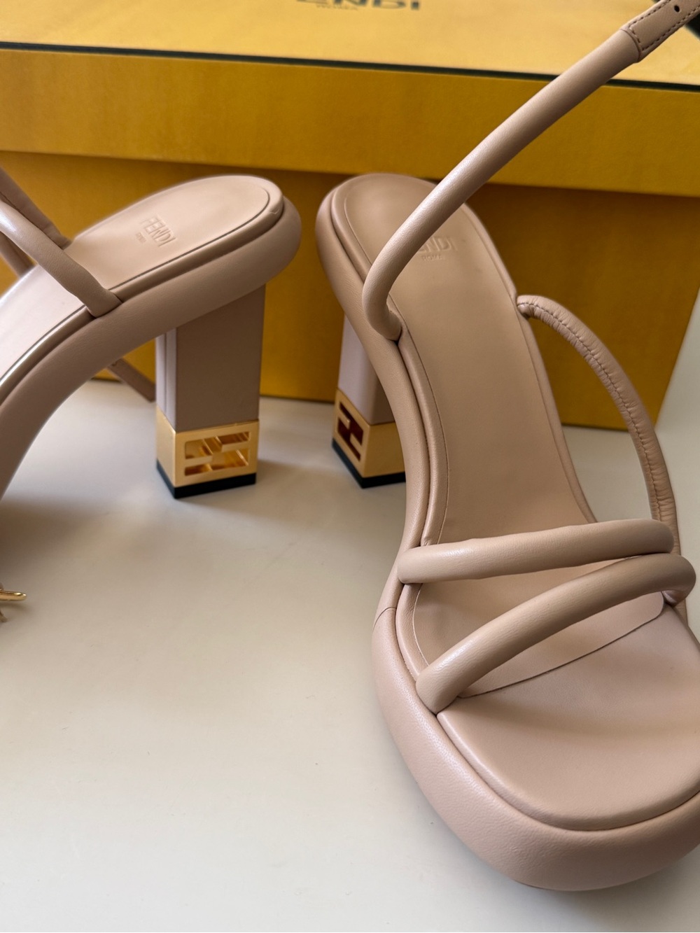 Fendi Beige Leather Strappy Block Heel Sandals